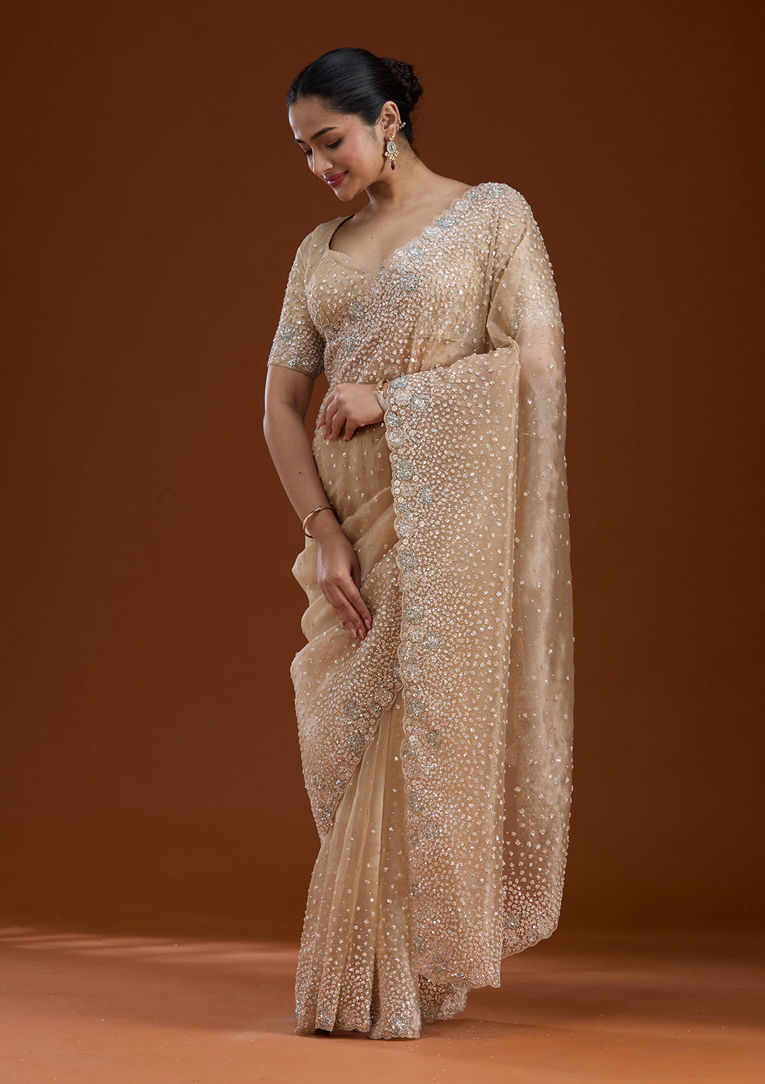 Beige Sequins Tissue Saree