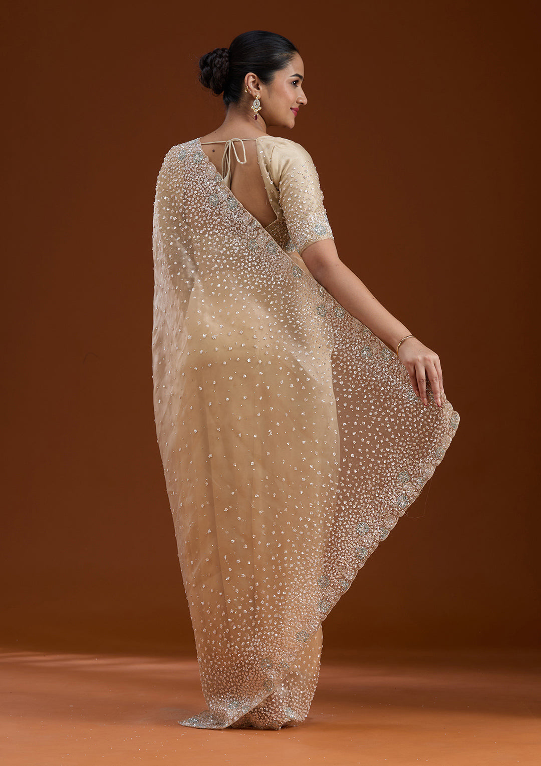 Beige Sequins Tissue Saree