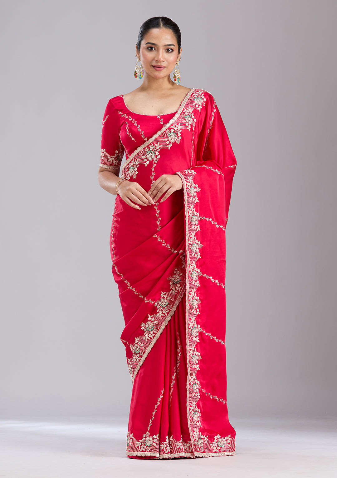 Rani Pink Aariwork Satin Saree