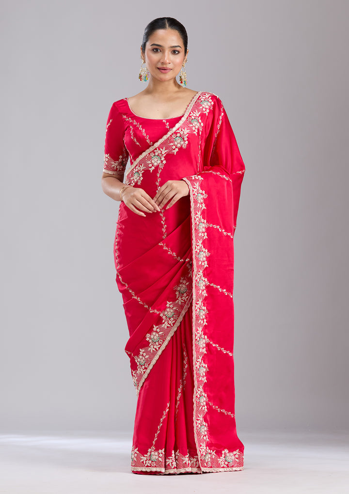 Rani Pink Aariwork Satin Saree