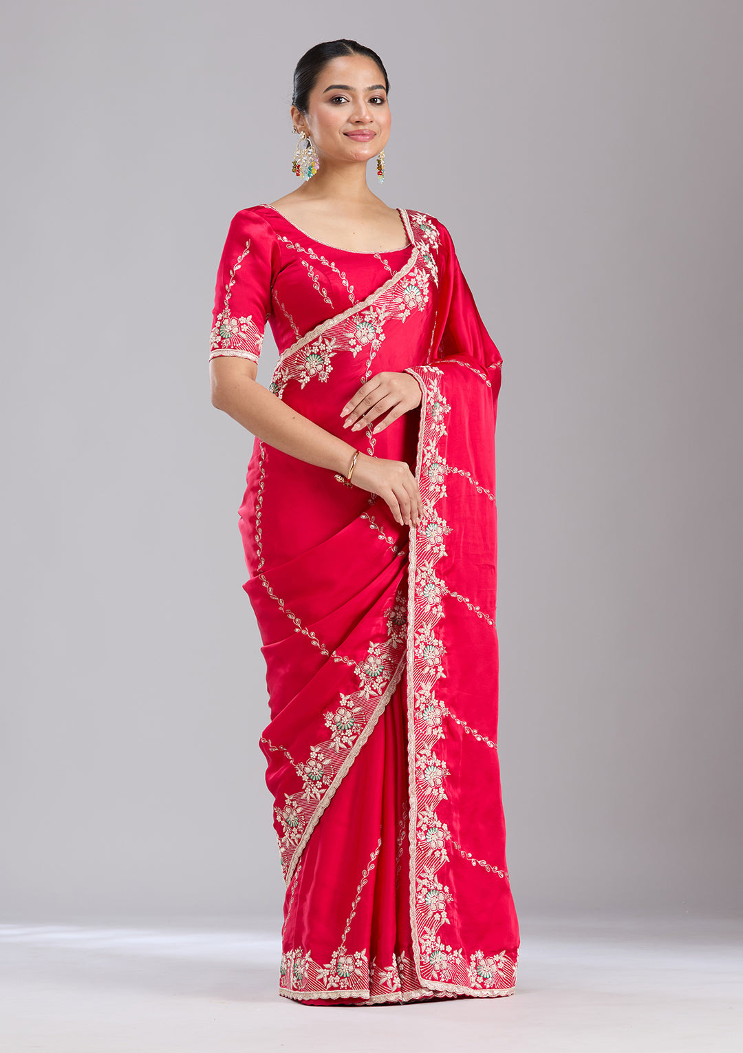 Rani Pink Aariwork Satin Saree
