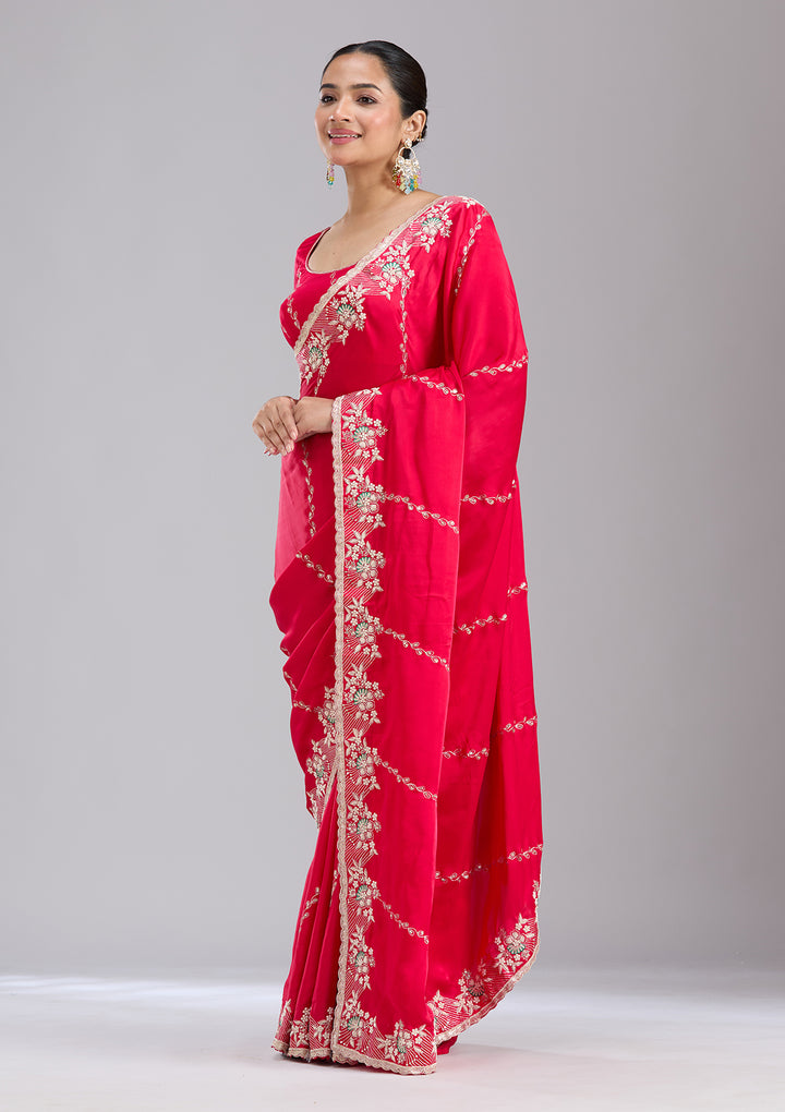 Rani Pink Aariwork Satin Saree