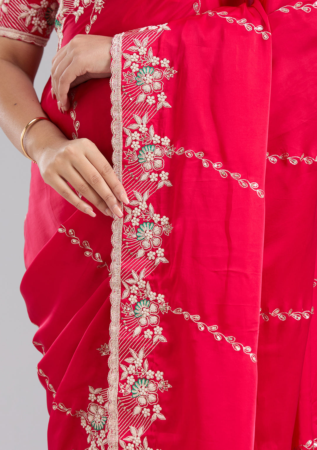 Rani Pink Aariwork Satin Saree