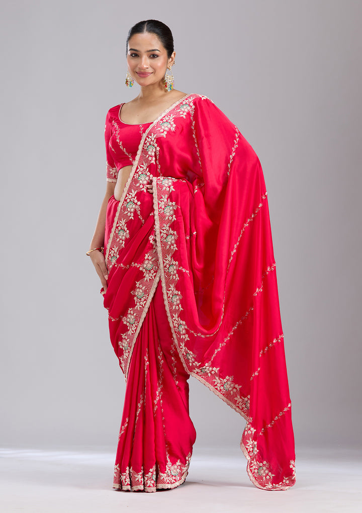 Rani Pink Aariwork Satin Saree