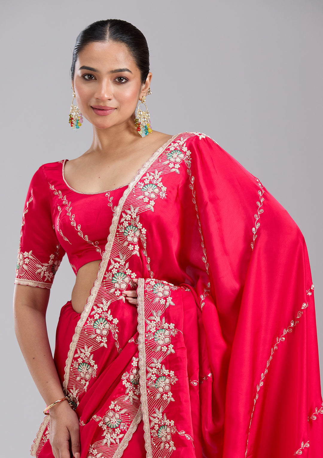 Rani Pink Aariwork Satin Saree