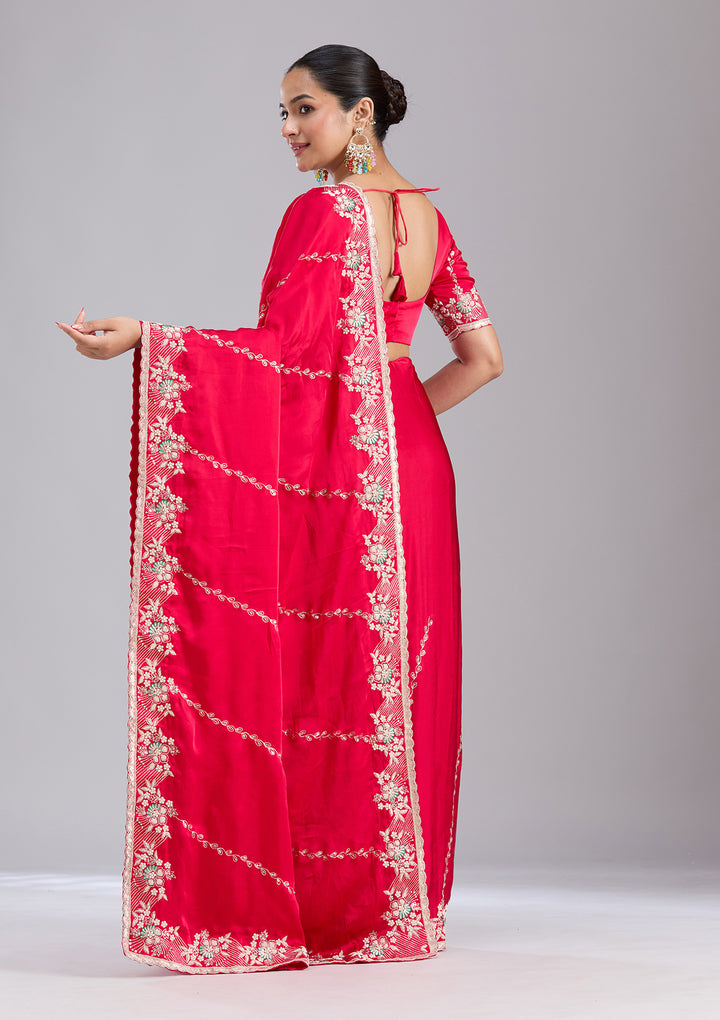 Rani Pink Aariwork Satin Saree