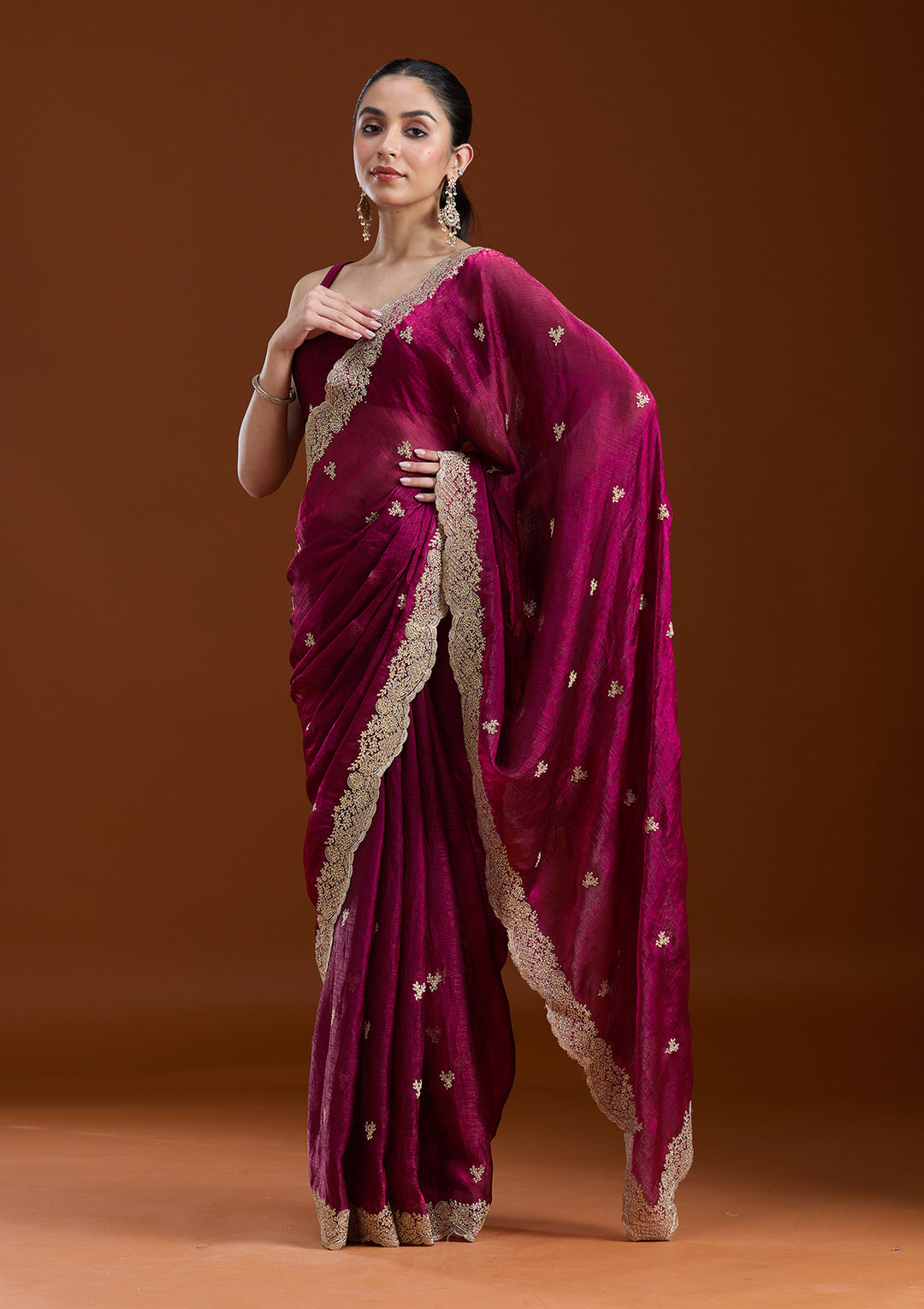 Wine Zariwork (Gold) Tissue Saree
