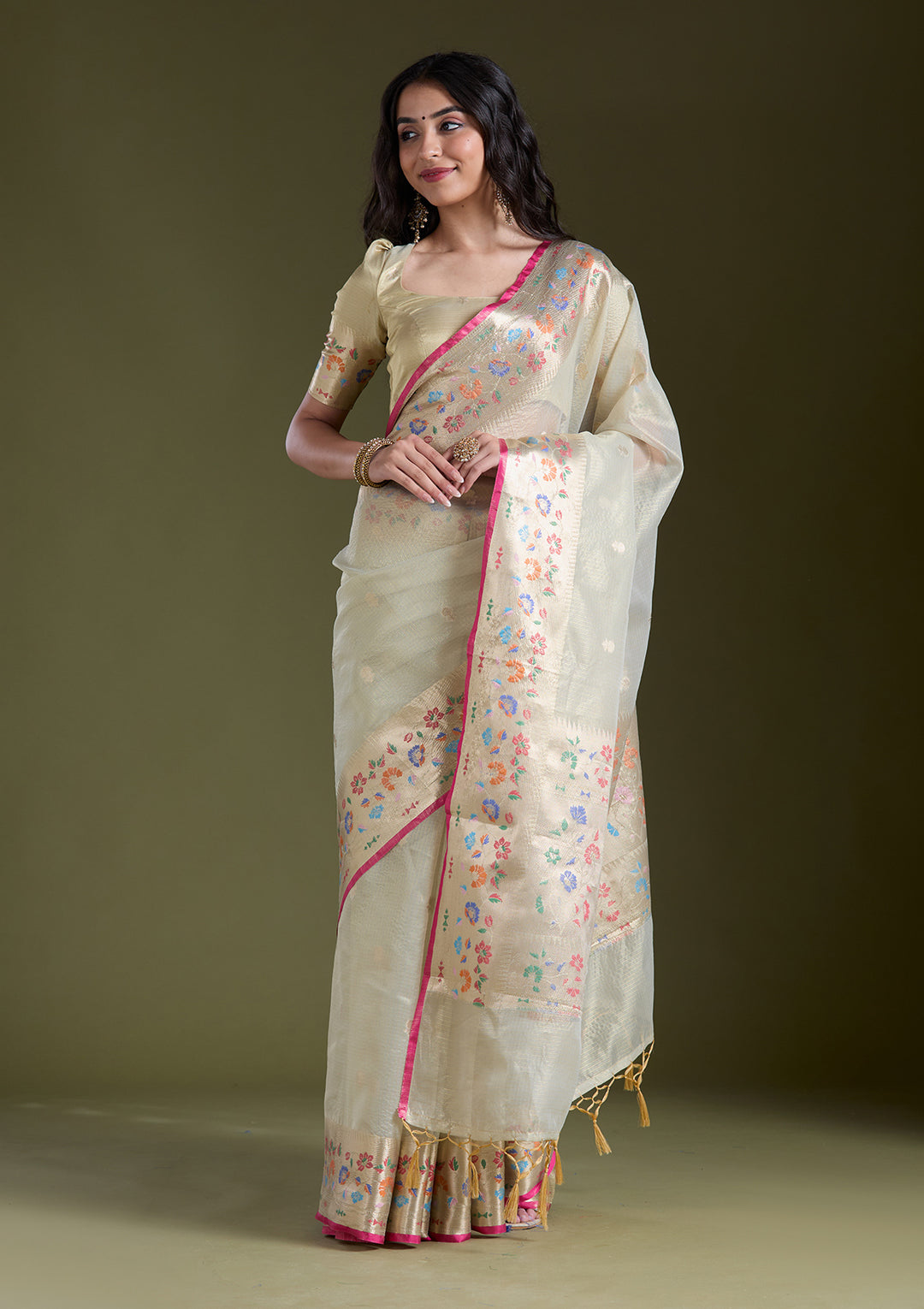 Cream Zariwork (Gold) Banarasi Silk Saree