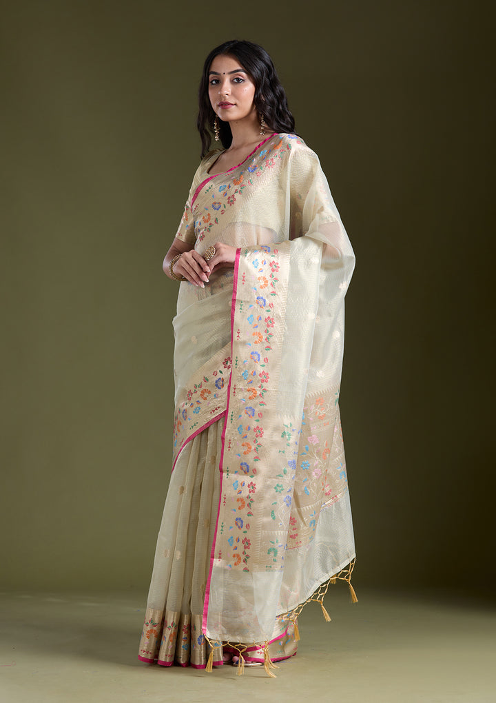 Cream Zariwork (Gold) Banarasi Silk Saree