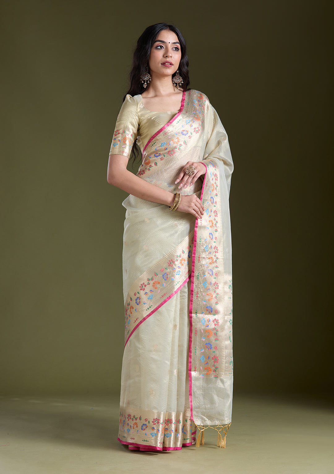 Cream Zariwork (Gold) Banarasi Silk Saree