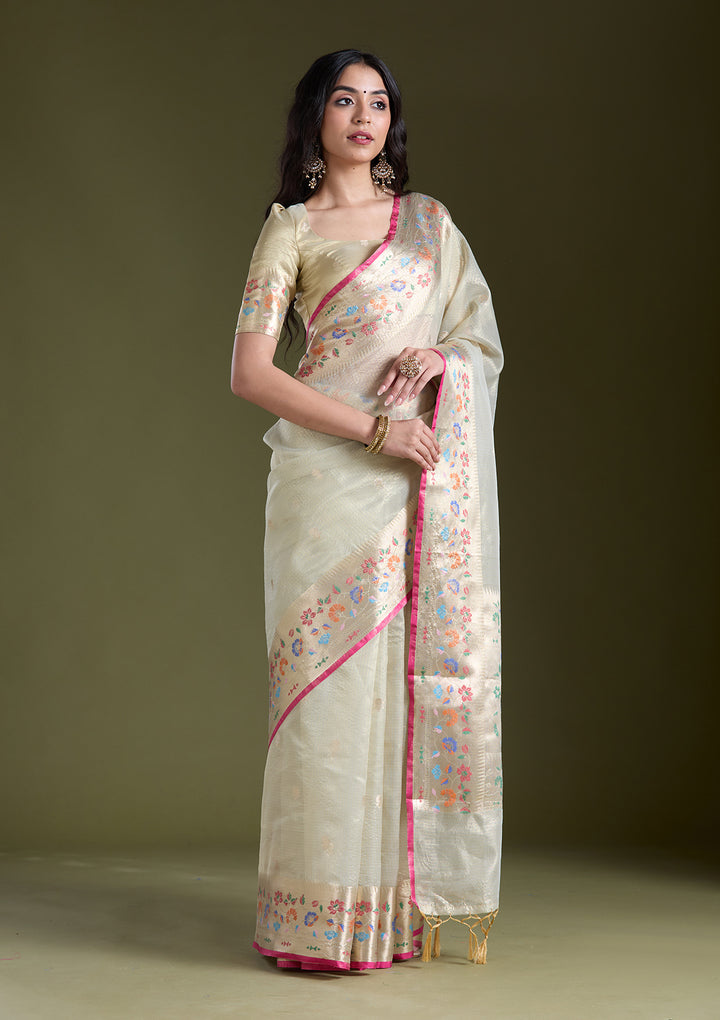 Cream Zariwork (Gold) Banarasi Silk Saree