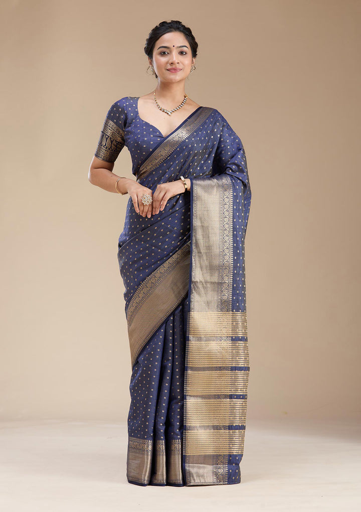 Navy Blue Zariwork (Gold) Tussar Silk Saree