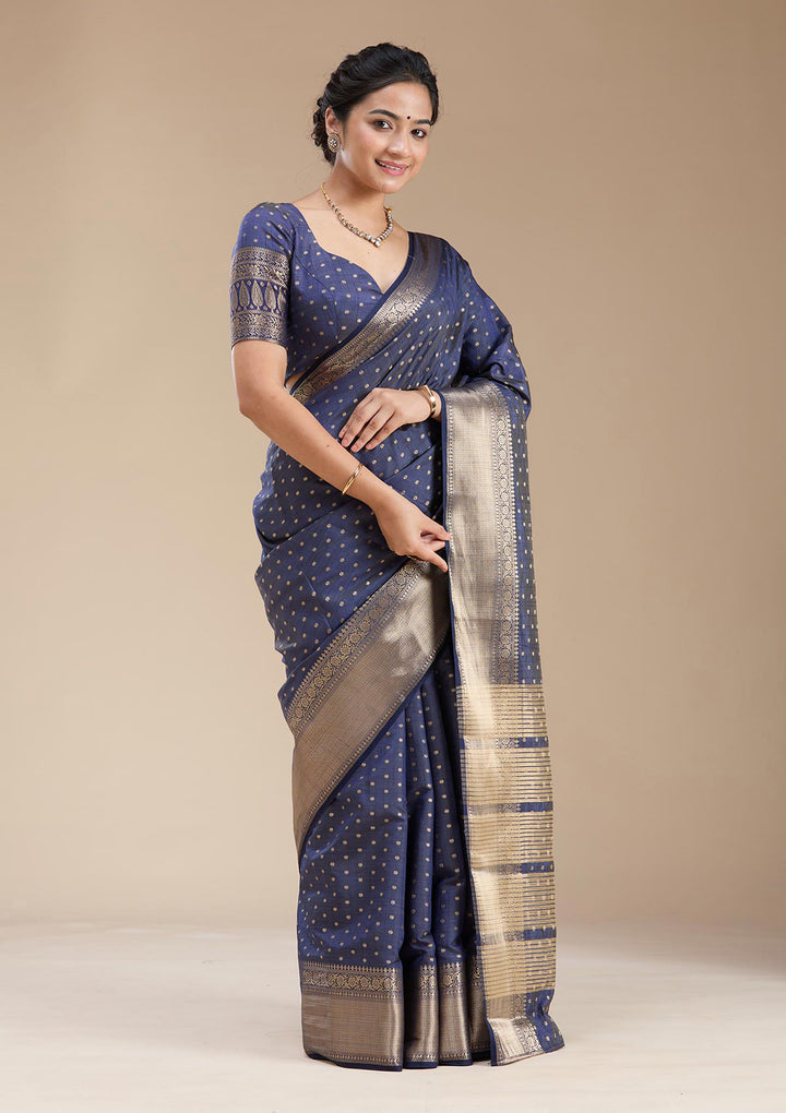 Navy Blue Zariwork (Gold) Tussar Silk Saree