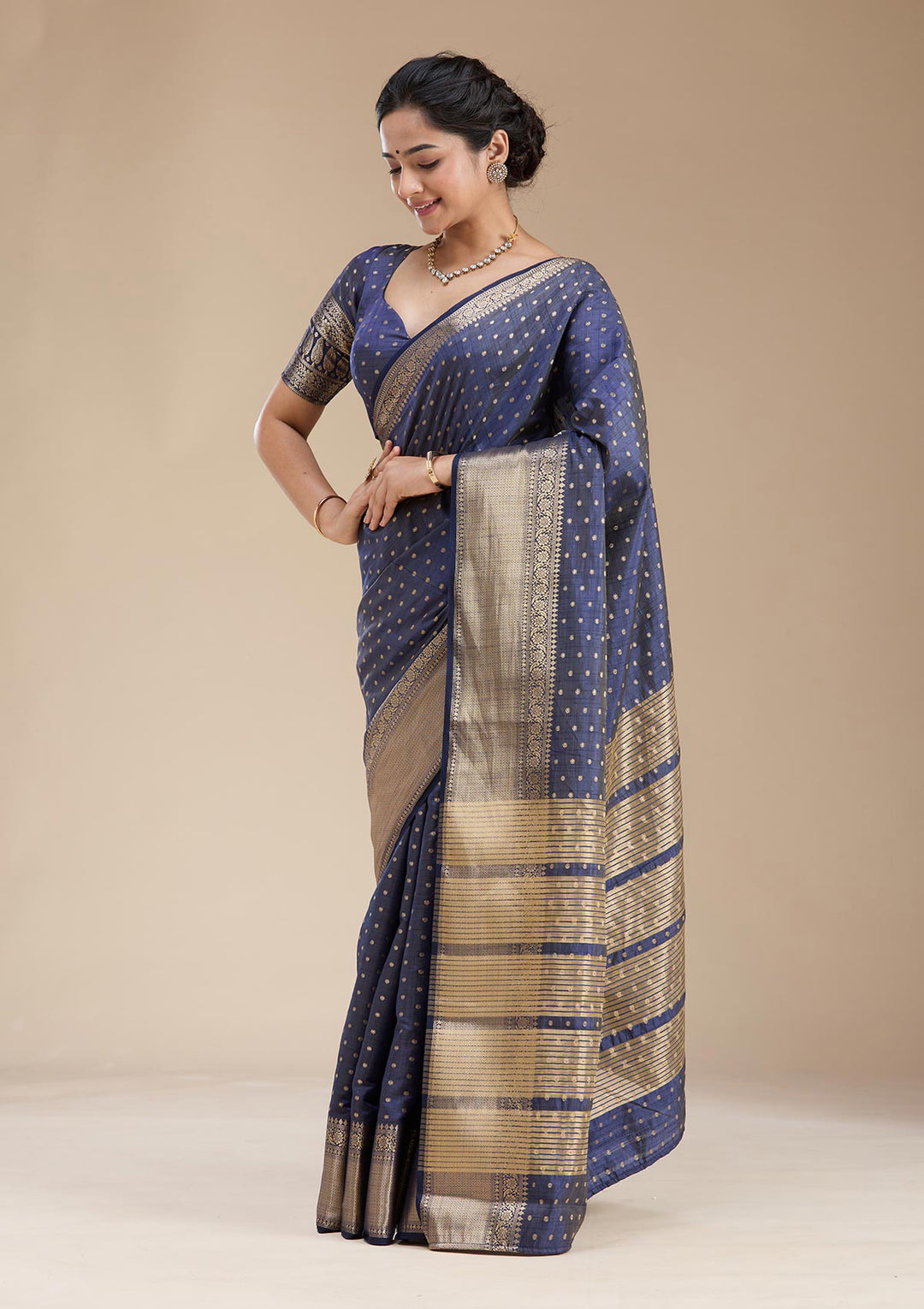 Navy Blue Zariwork (Gold) Tussar Silk Saree