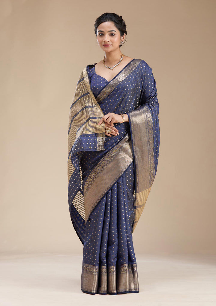 Navy Blue Zariwork (Gold) Tussar Silk Saree