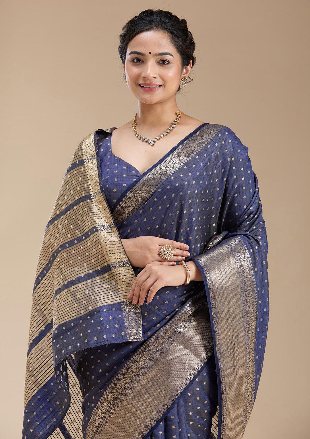 Navy Blue Zariwork (Gold) Tussar Silk Saree