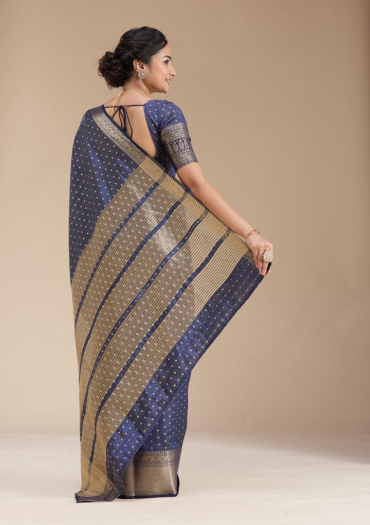 Navy Blue Zariwork (Gold) Tussar Silk Saree