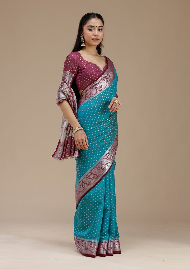 Turquoise Blue Zariwork (Silver) Tussar Silk Saree