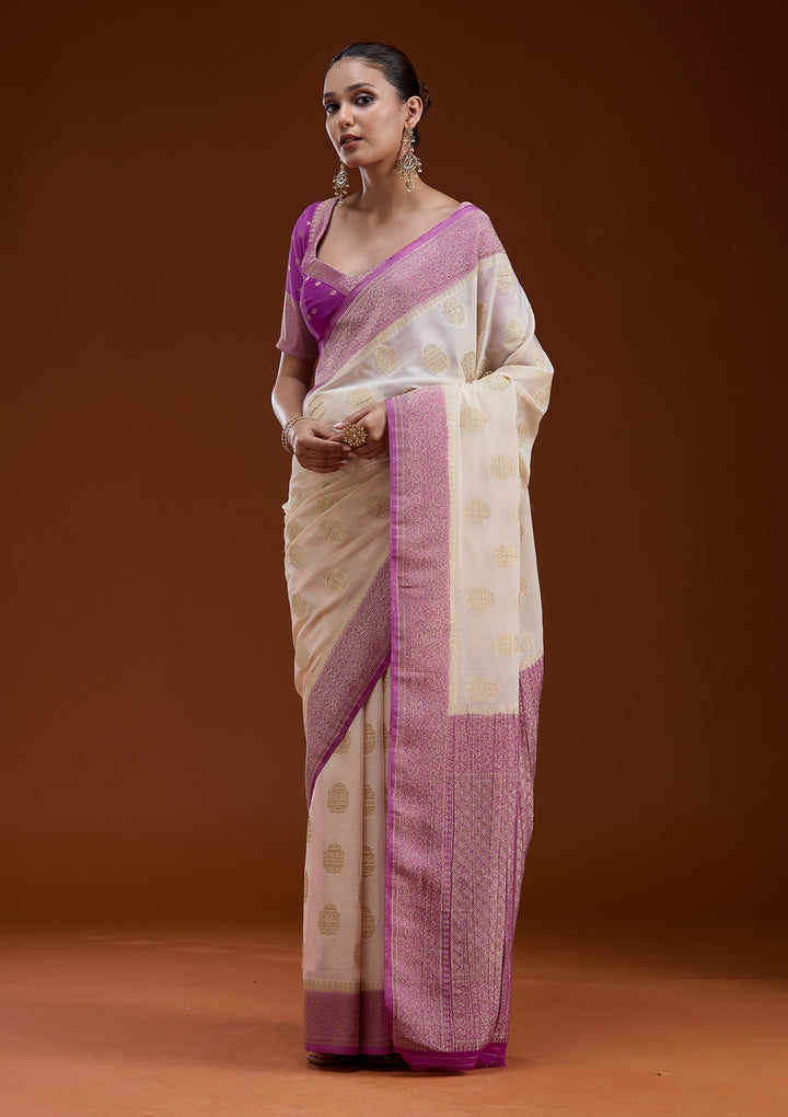 Off White Zariwork (Gold) Georgette Silk_Saree