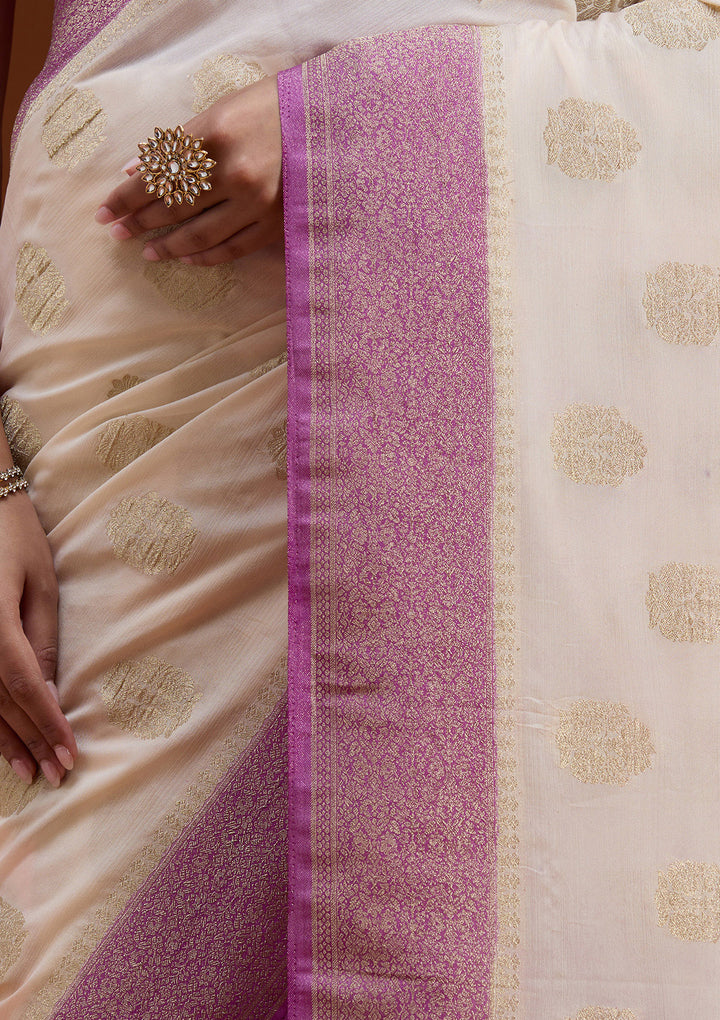 Off White Zariwork (Gold) Georgette Silk_Saree