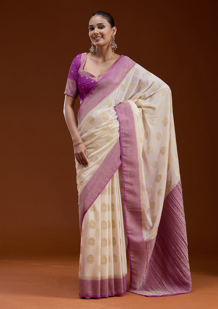Off White Zariwork (Gold) Georgette Silk_Saree