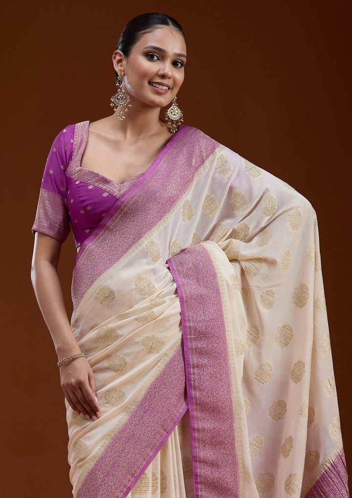 Off White Zariwork (Gold) Georgette Silk_Saree