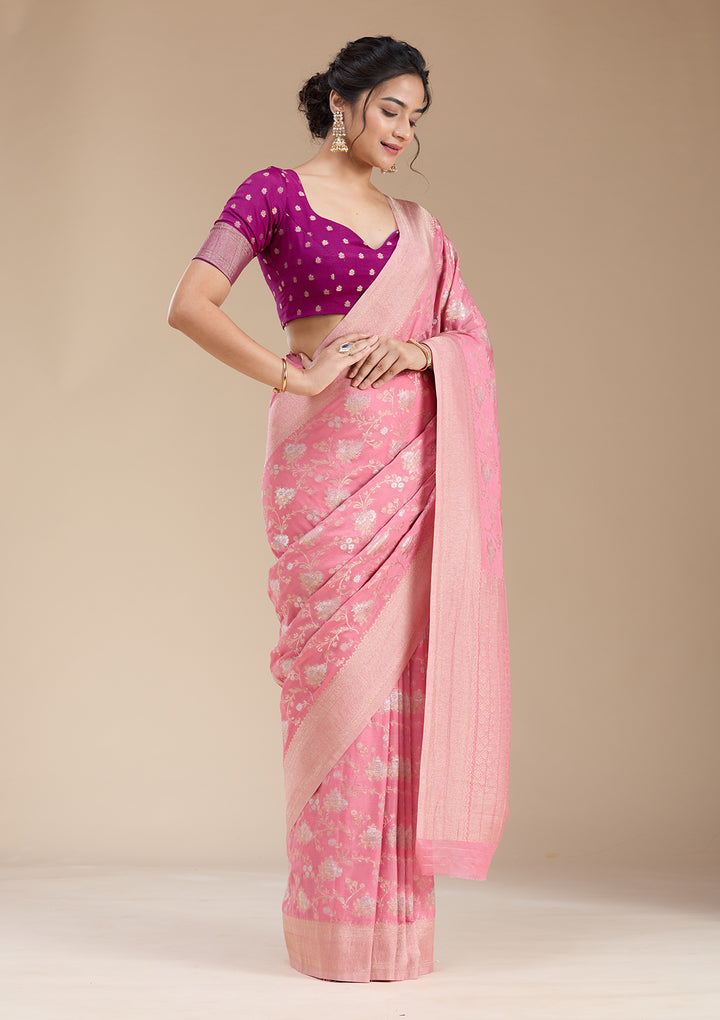 Pink Zariwork (Gold) Georgette Silk Saree