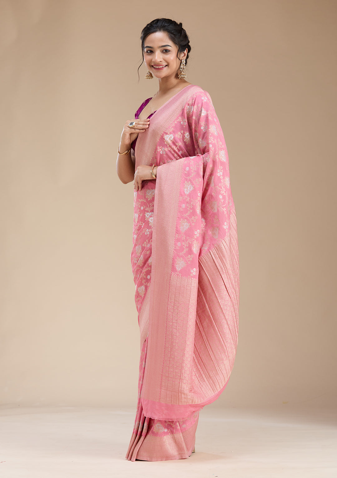 Pink Zariwork (Gold) Georgette Silk Saree