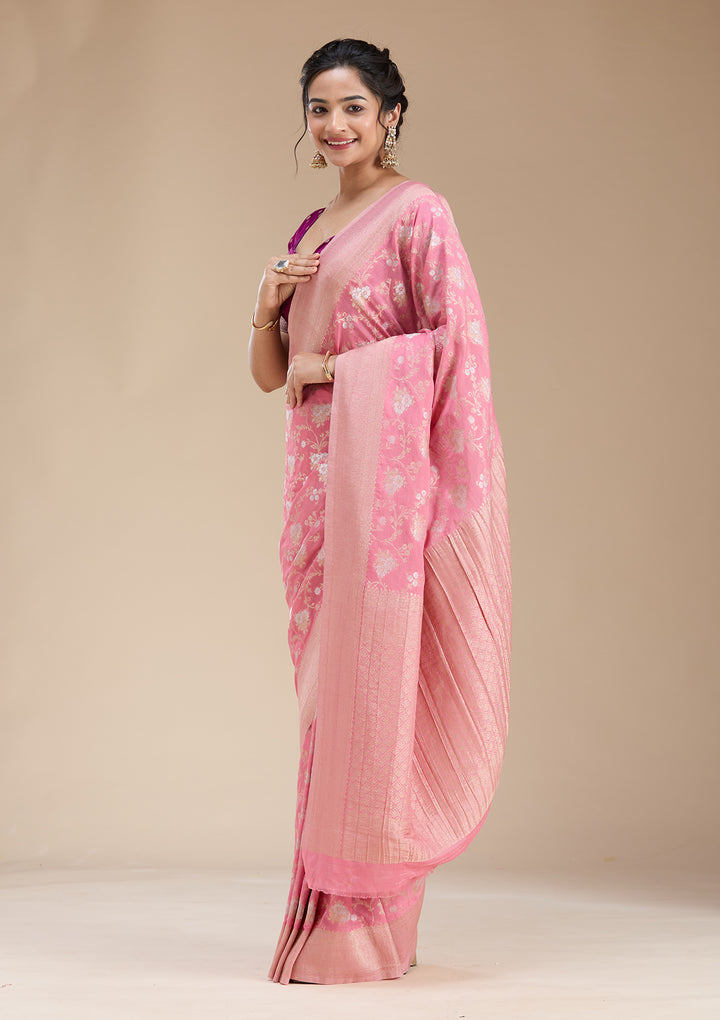 Pink Zariwork (Gold) Georgette Silk Saree