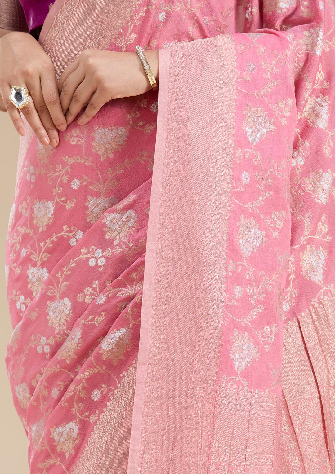 Pink Zariwork (Gold) Georgette Silk Saree
