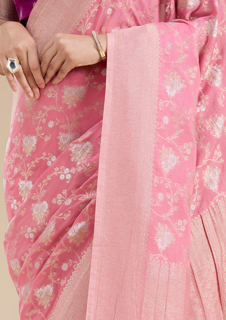 Pink Zariwork (Gold) Georgette Silk Saree