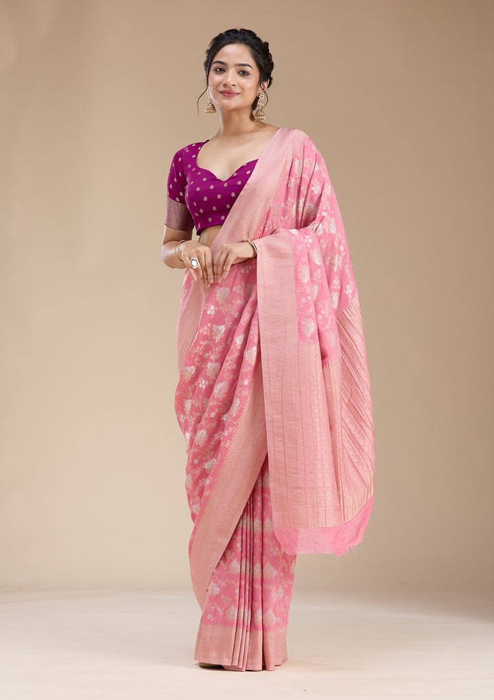 Pink Zariwork (Gold) Georgette Silk Saree