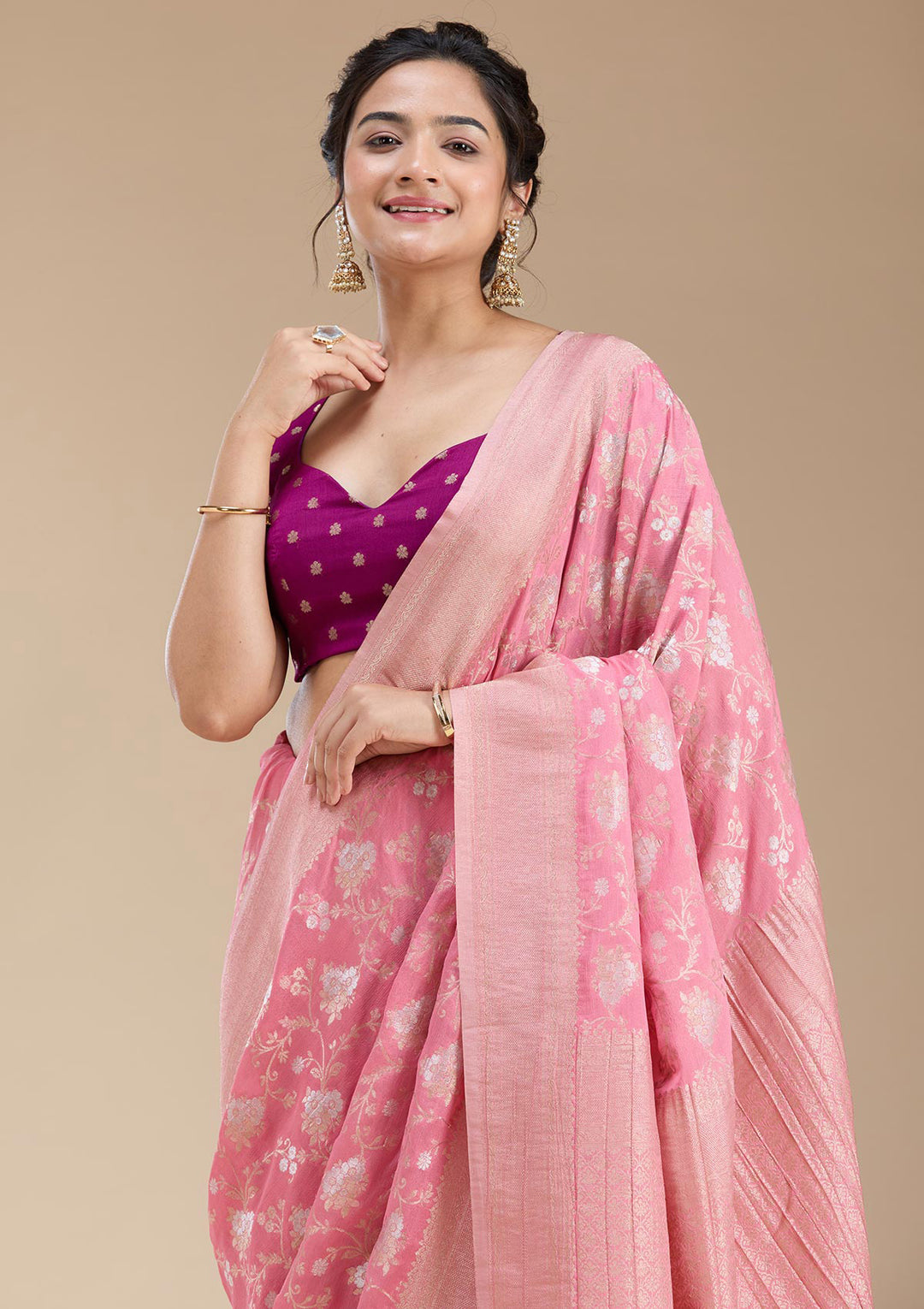 Pink Zariwork (Gold) Georgette Silk Saree