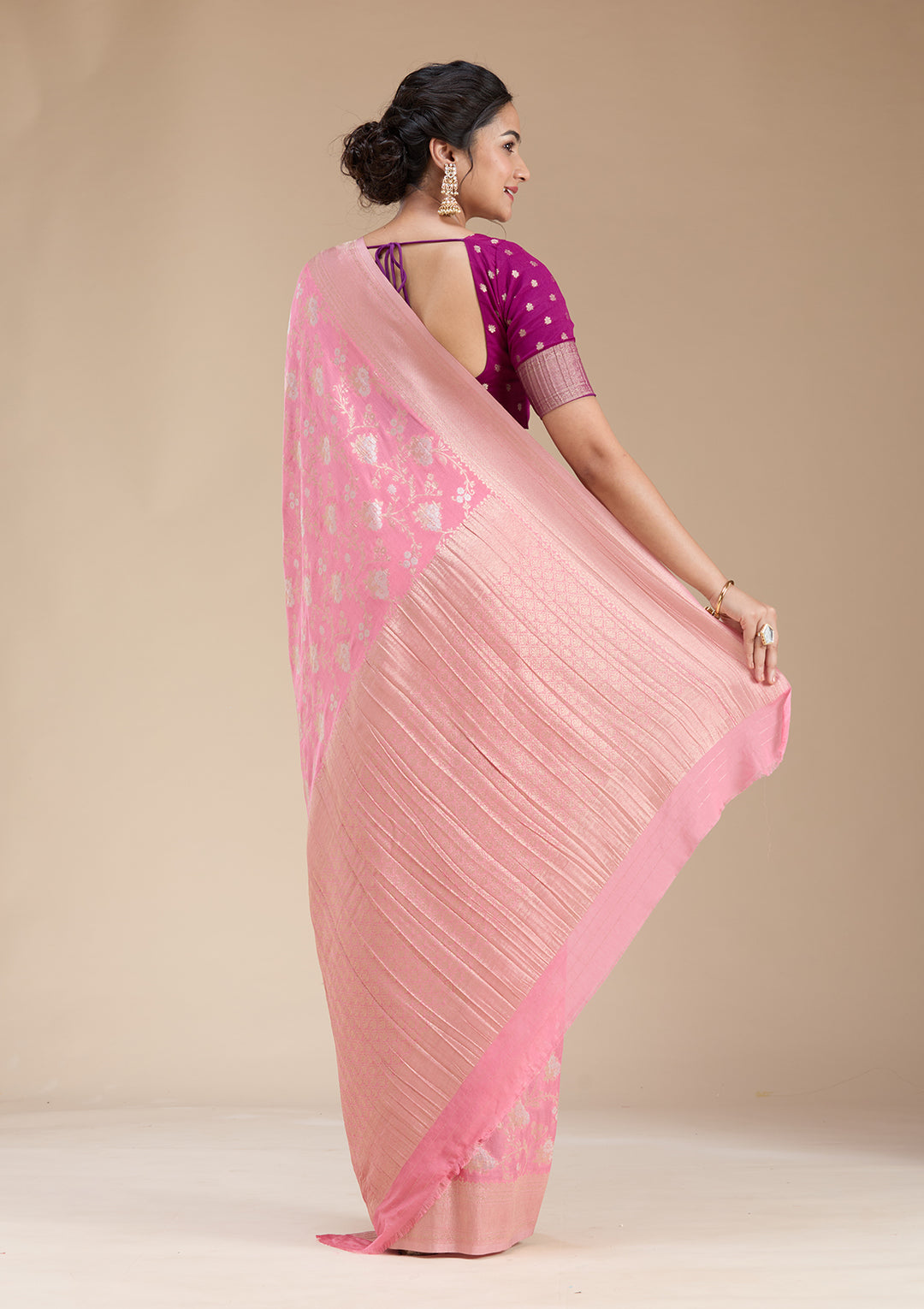 Pink Zariwork (Gold) Georgette Silk Saree