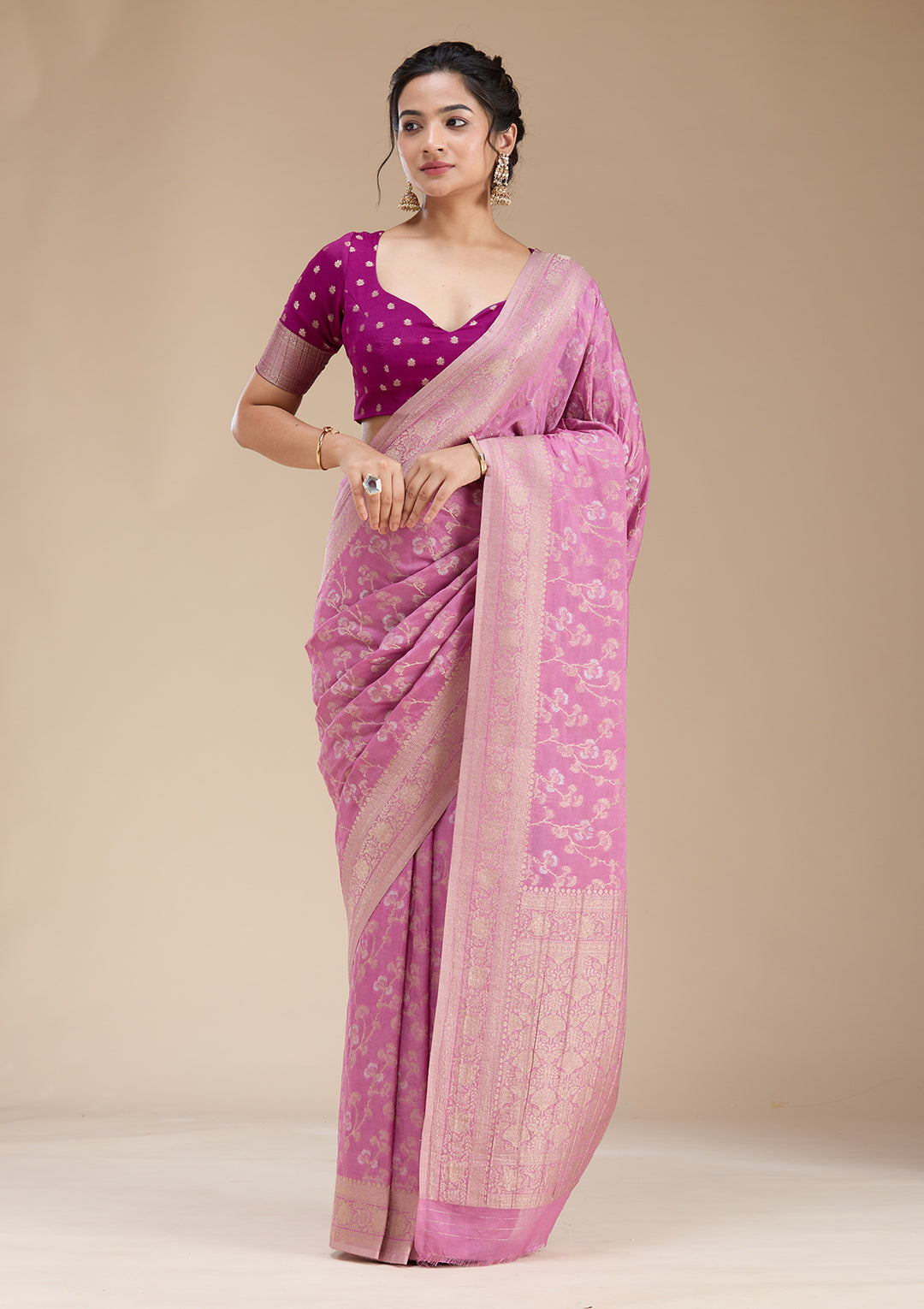 Onion Pink Zariwork (Gold) Georgette Silk Saree