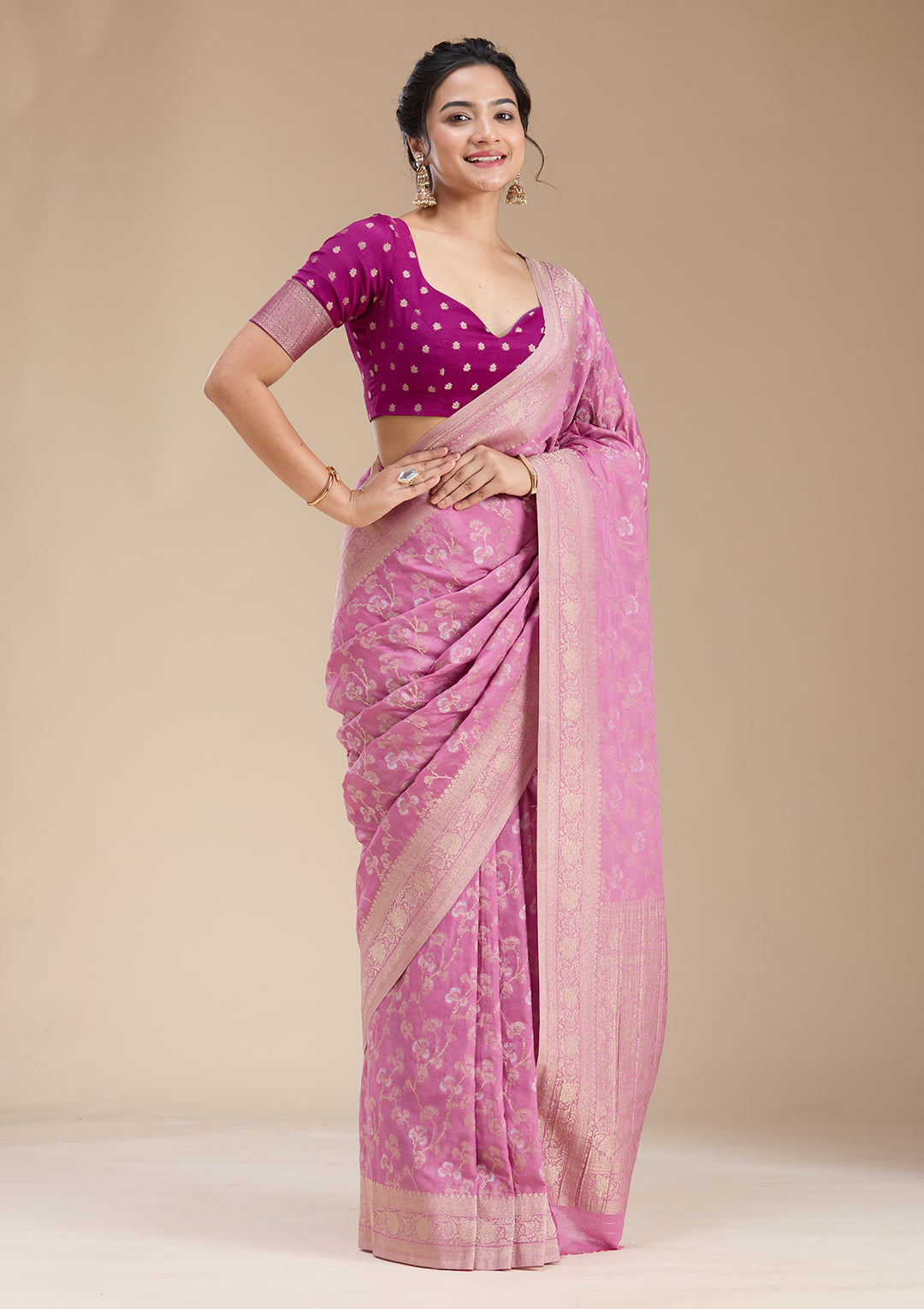 Onion Pink Zariwork (Gold) Georgette Silk Saree
