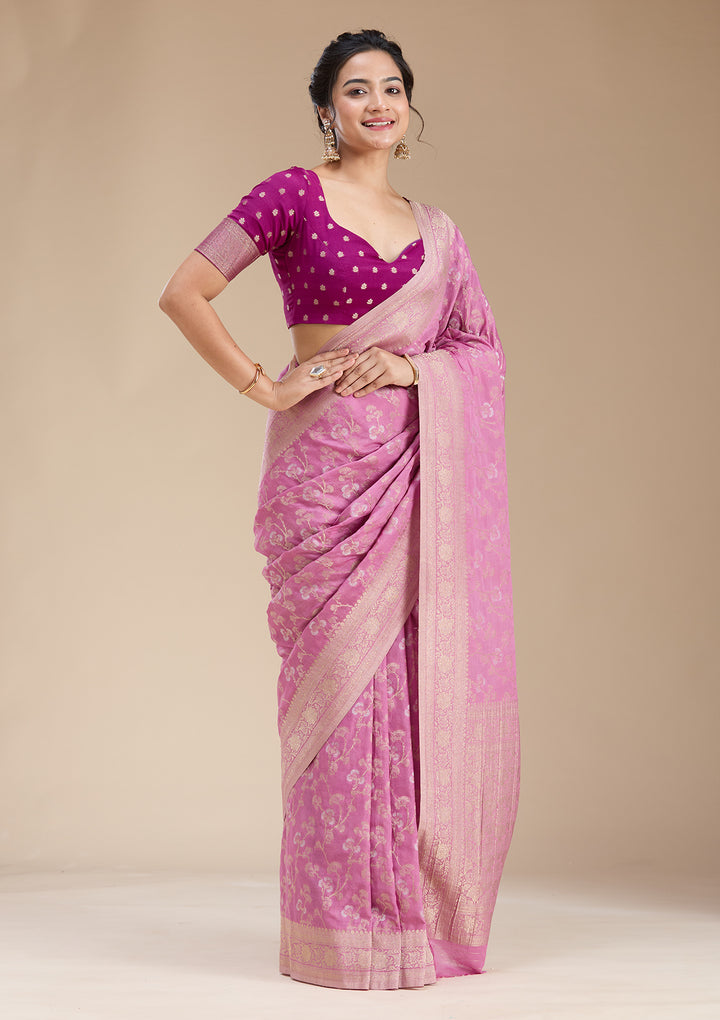 Onion Pink Zariwork (Gold) Georgette Silk Saree