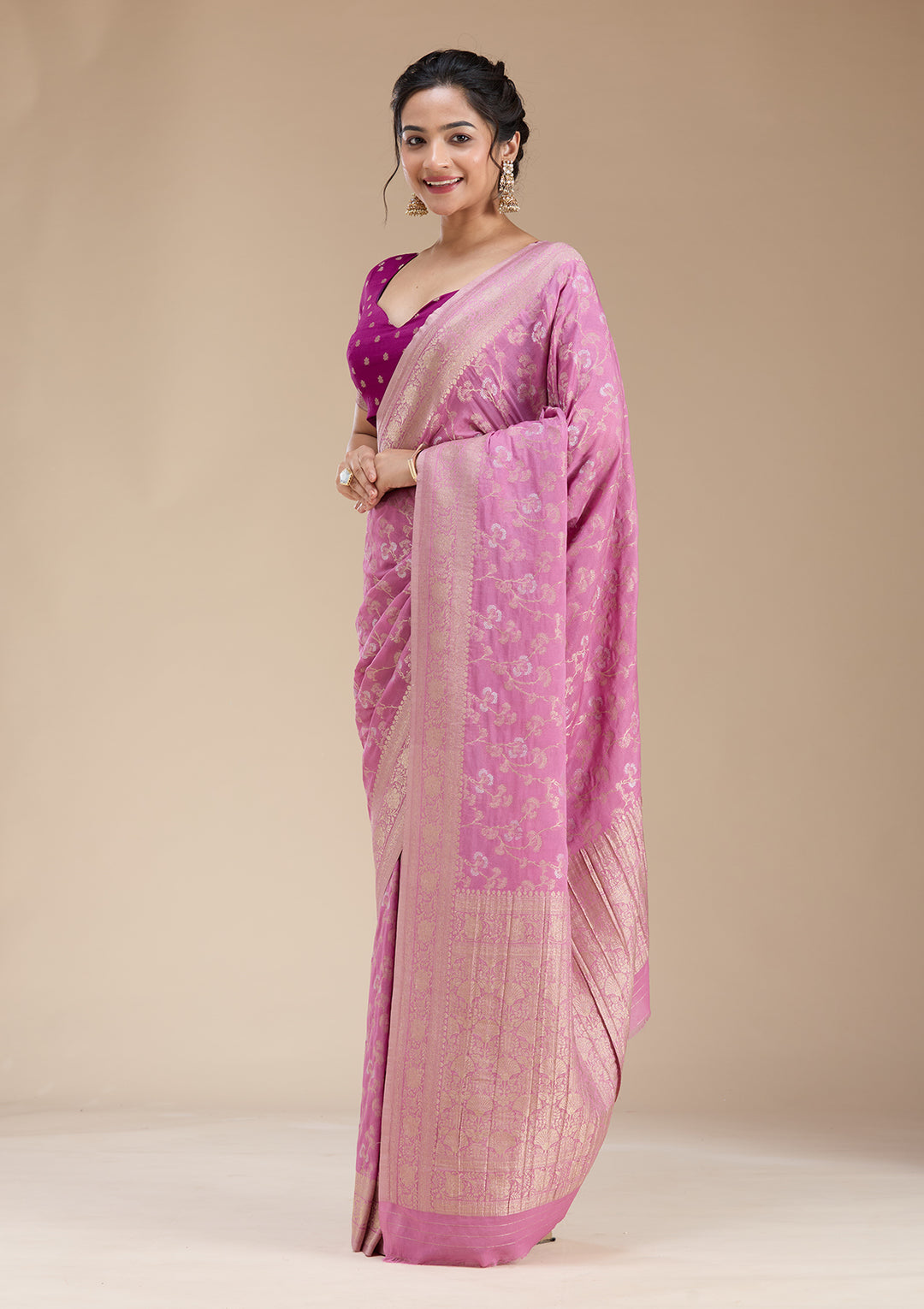 Onion Pink Zariwork (Gold) Georgette Silk Saree