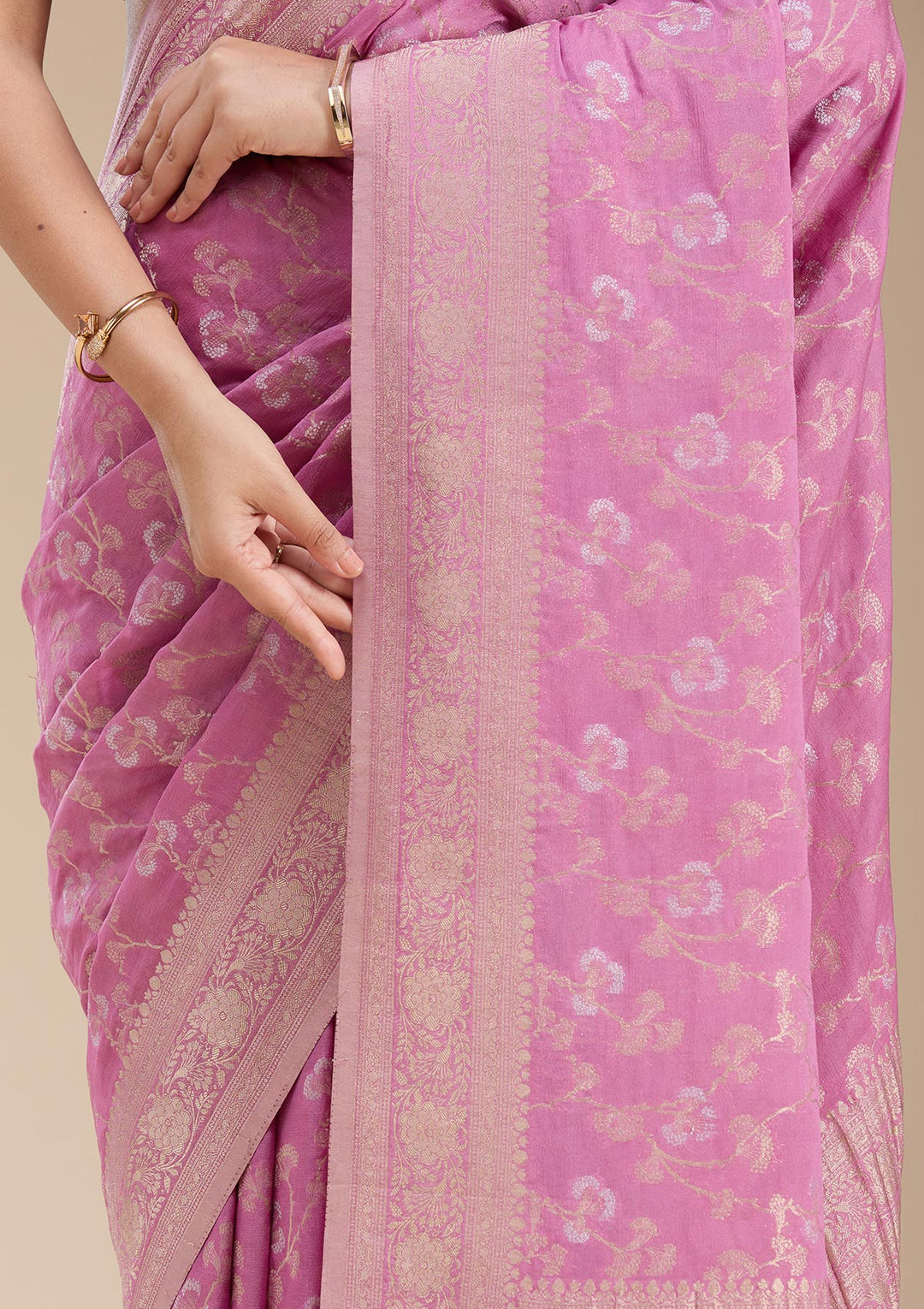 Onion Pink Zariwork (Gold) Georgette Silk Saree