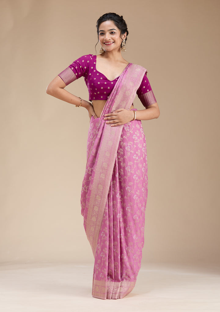 Onion Pink Zariwork (Gold) Georgette Silk Saree
