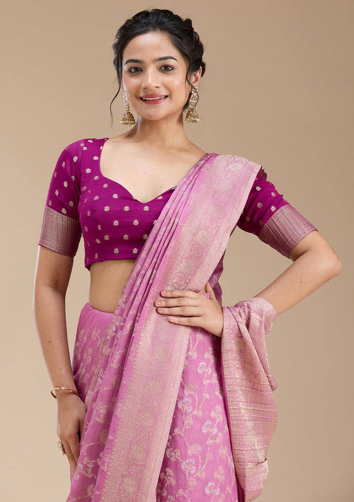 Onion Pink Zariwork (Gold) Georgette Silk Saree