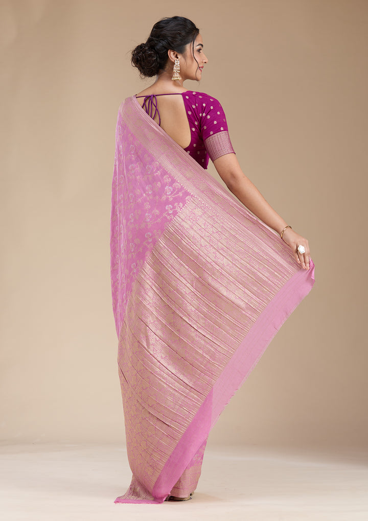 Onion Pink Zariwork (Gold) Georgette Silk Saree