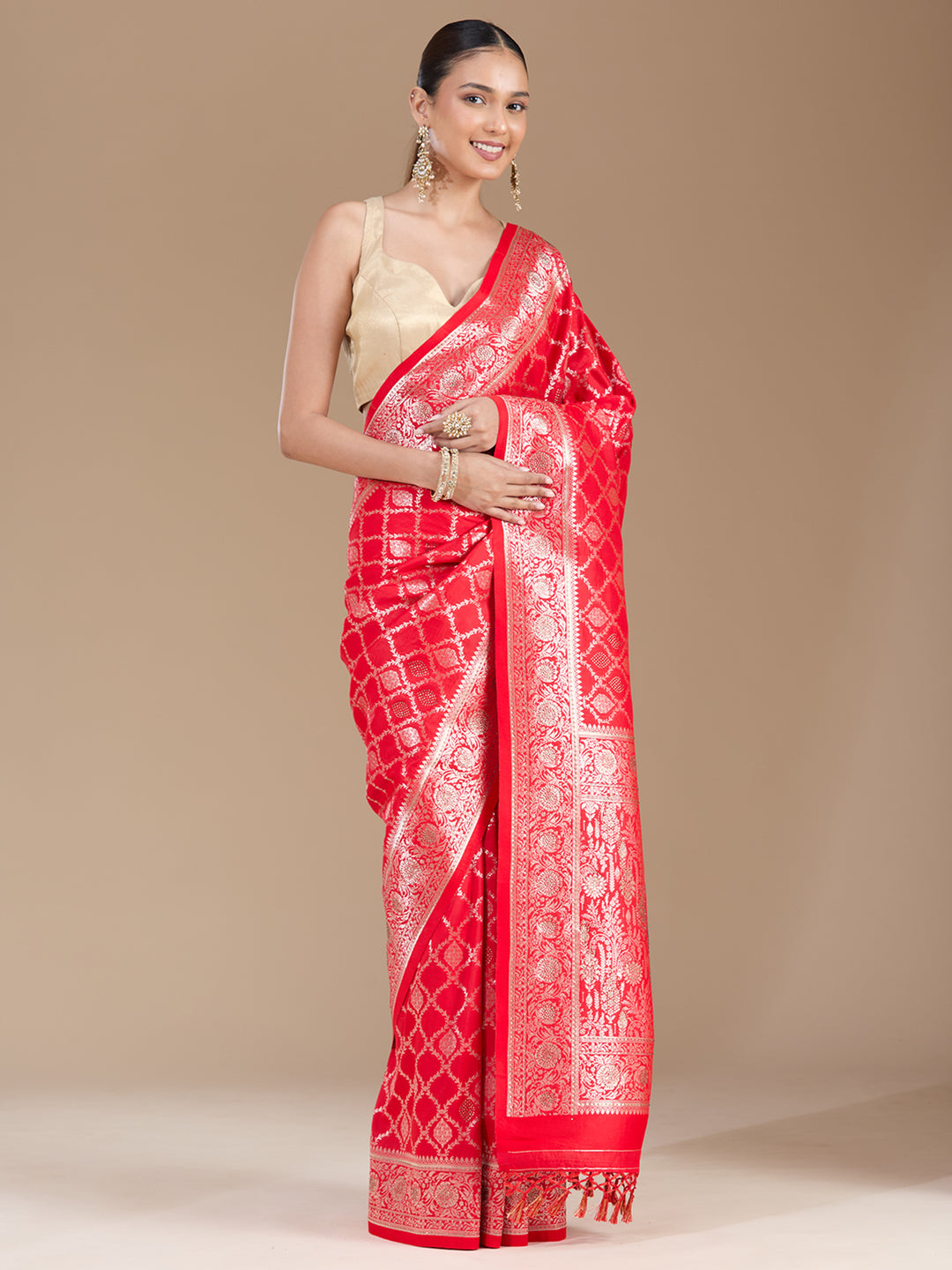 Red Stonework (Gold) Silk Saree