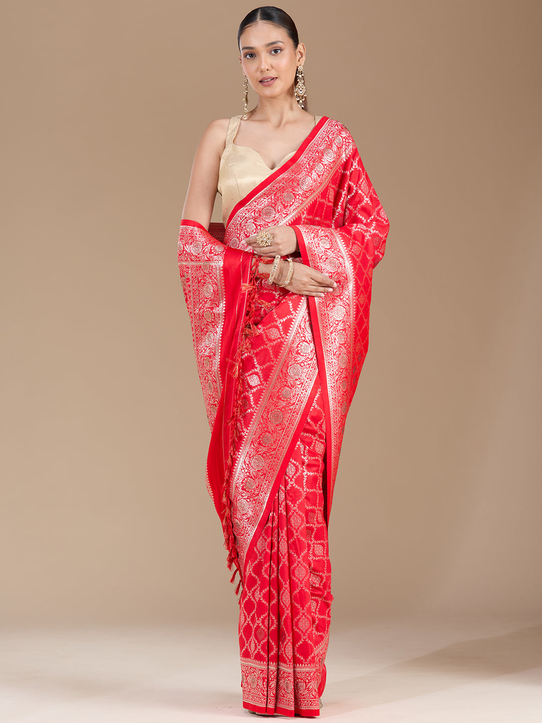 Red Stonework (Gold) Silk Saree
