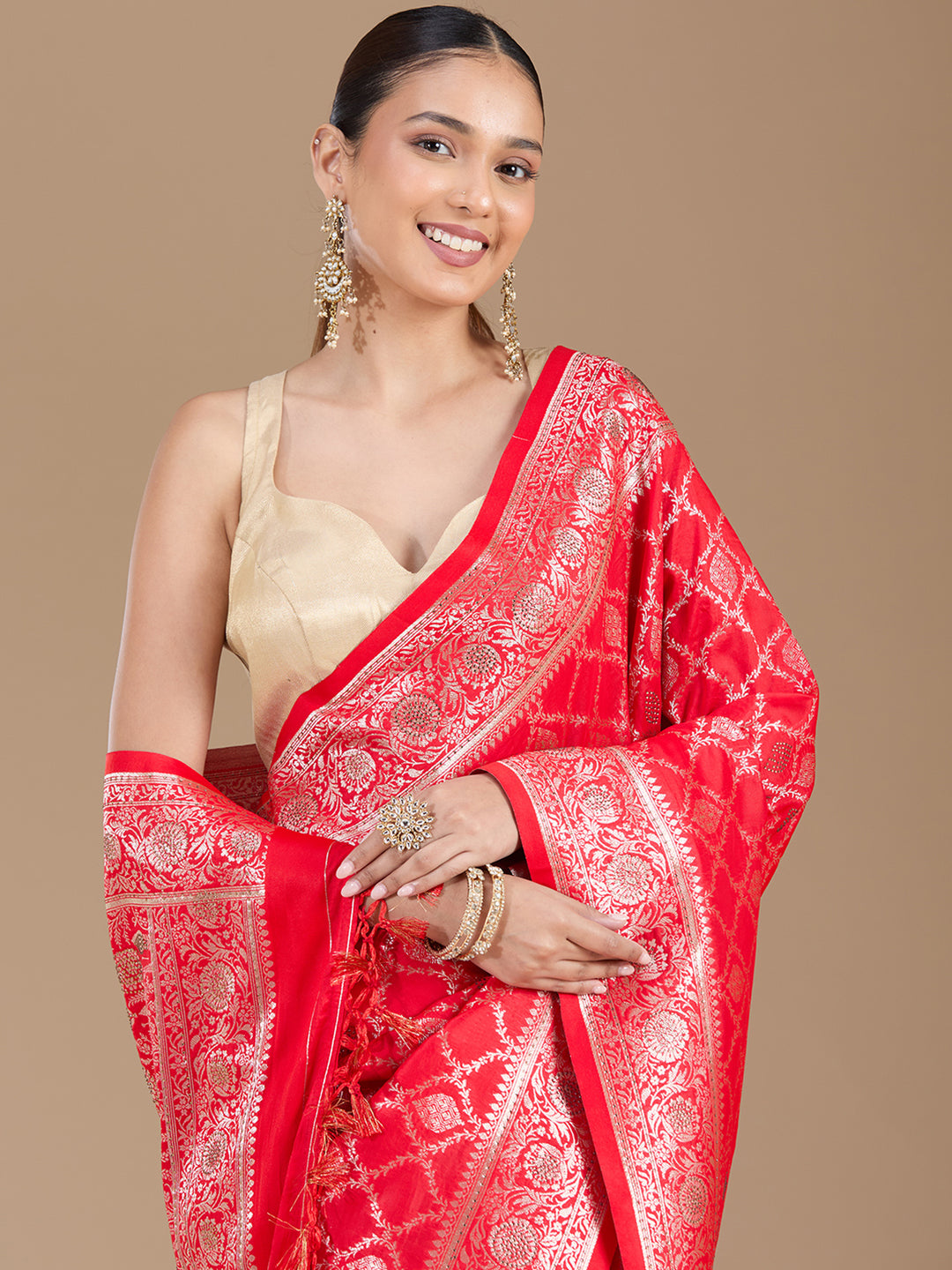 Red Stonework (Gold) Silk Saree