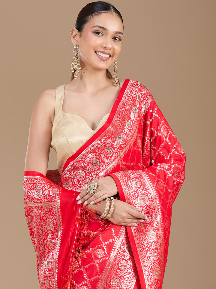 Red Stonework (Gold) Silk Saree