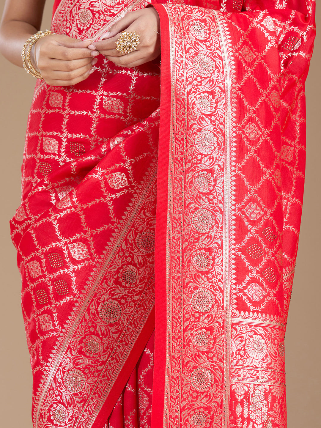 Red Stonework (Gold) Silk Saree