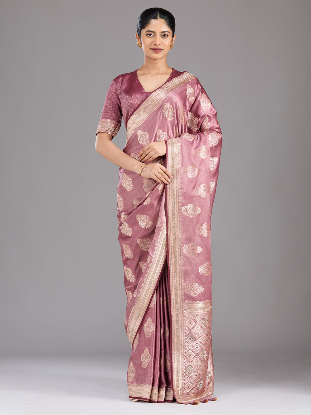 Mauve Stonework (Gold) Silk Saree