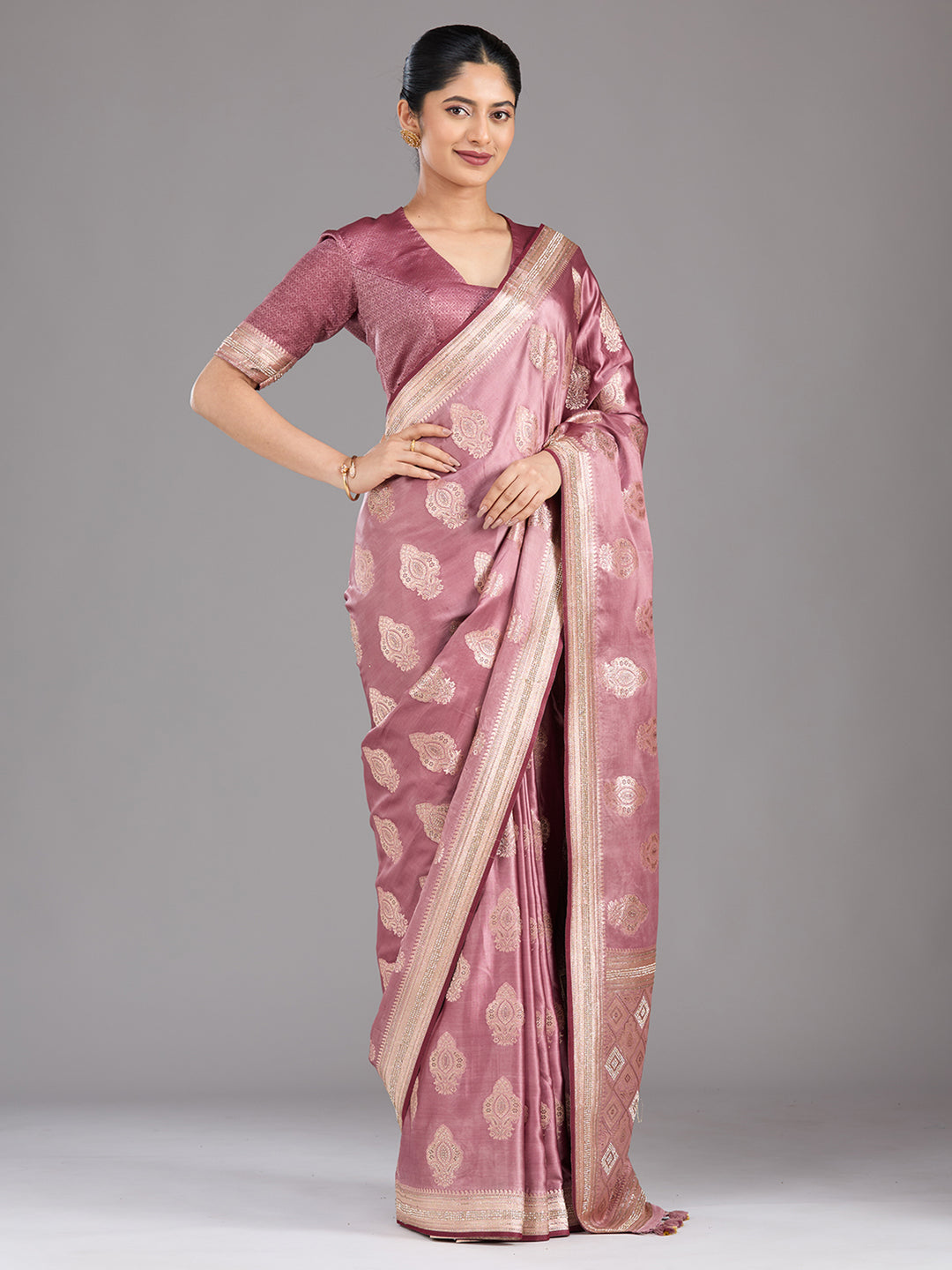 Mauve Stonework (Gold) Silk Saree