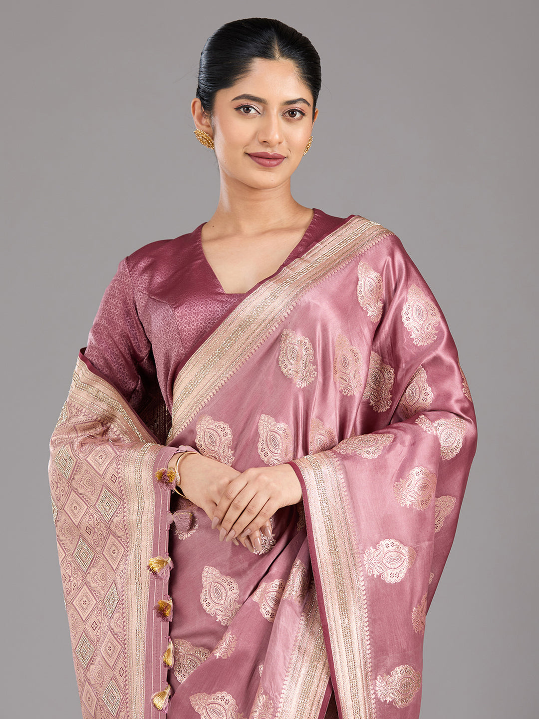 Mauve Stonework (Gold) Silk Saree